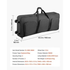 61 Key Keyboard Case, 40.9 x 16.9 x 5.1 in Interior, Padded Rolling Piano Case w
