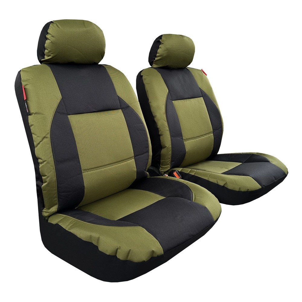 Universal Heavy Duty Canvas Car Seat Covers Front Pair Army Green Black