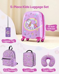Kids Luggage Set, 5 Piece, 18 Inch Hardside Rolling Wheels Suitcase with Backpac