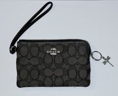 Coach Black Gray Signature Jacquard Canvas Small Zip Wristlet Pouch