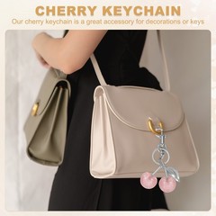 Cherry Keychain for Women Bag with Ring and Clip Pink-Silver