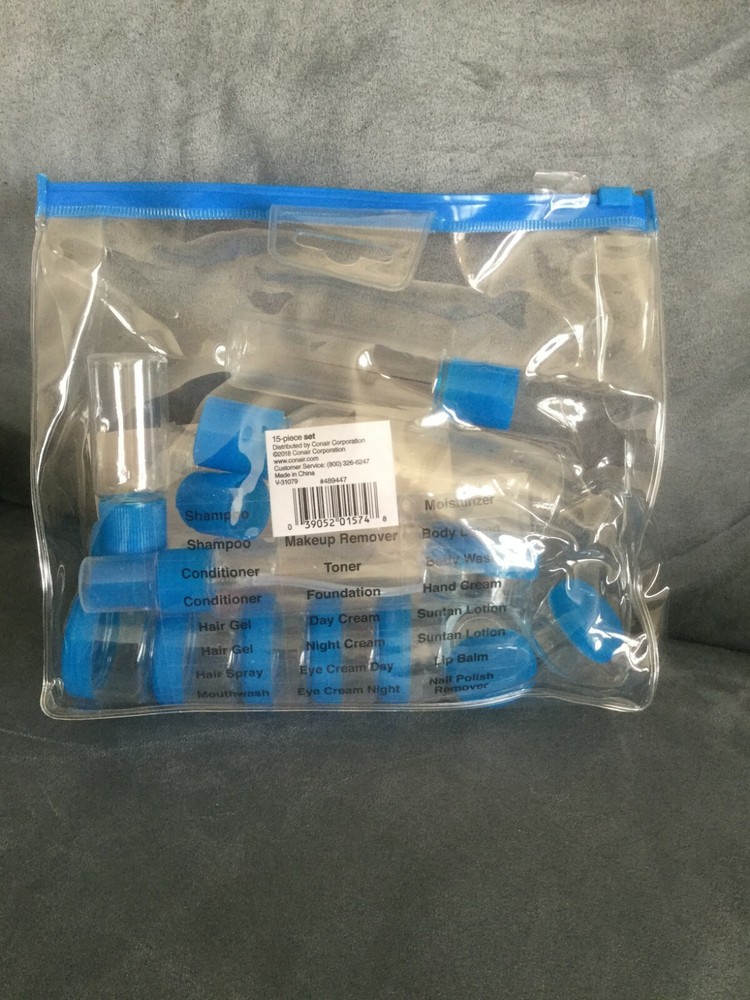 CONAIR BLUE 15 PIECE TRAVEL CLEAR CONTAINER SET IN PLASTIC BAG – BRAND NEW
