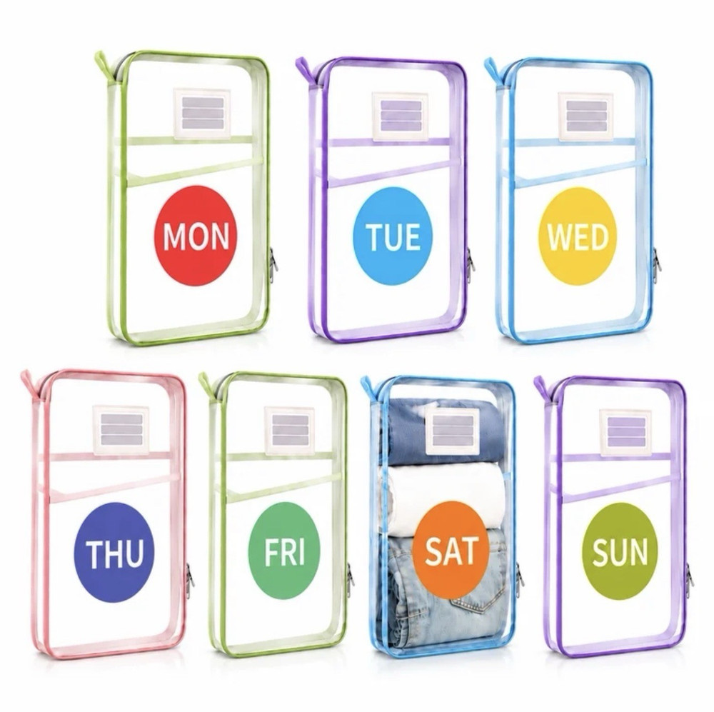 7-Pack Clear Packing Cubes, Day of Week Zip Bags w/ Handle Stickers