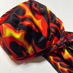 Skull Cap durag head hair wrap orange/black fire flames graphic biker rider