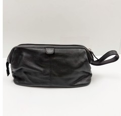 Brookstone Travel Toiletry Organizer Hygiene Cosmetic Bag Black Genuine Leather