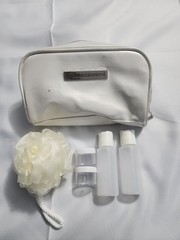 BeautiControl White Zip Travel Makeup Bag Toiletry Case w/ Refillable Bottles