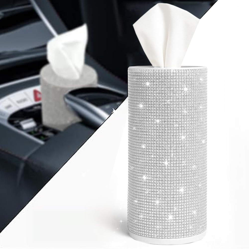 Bling Car Tissue Holder for Cup – Sparkly Rhinestone Round White