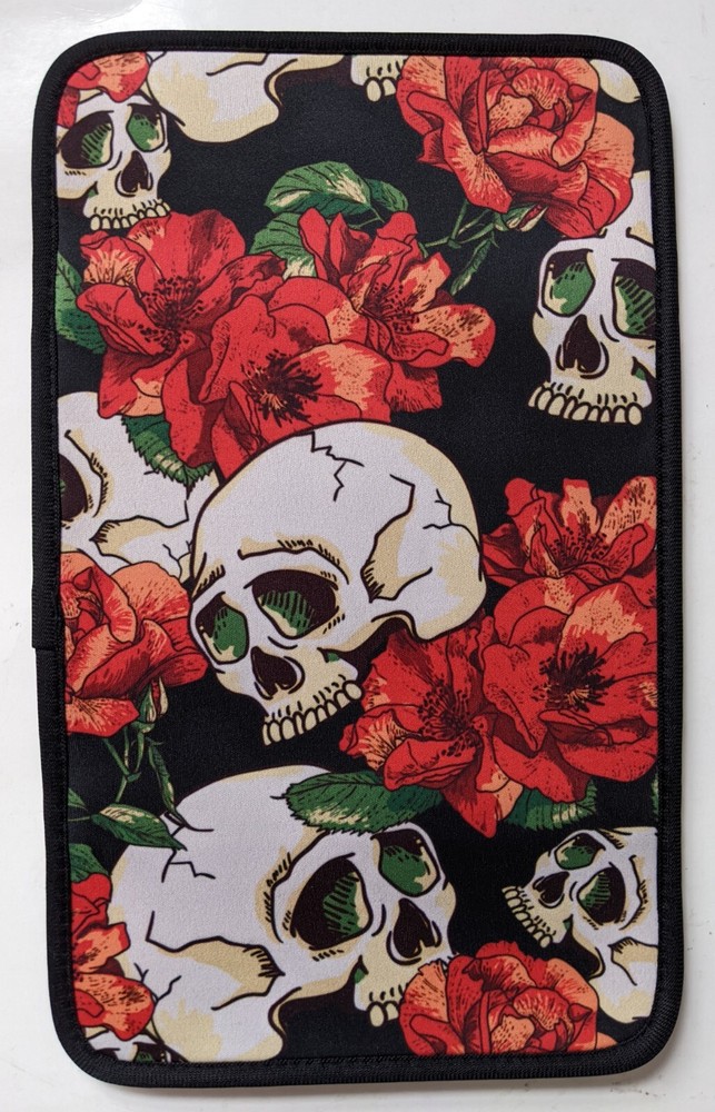 Skull & Flowers Auto Center Console Cover Armrest Cushion Pad Black Red Floral