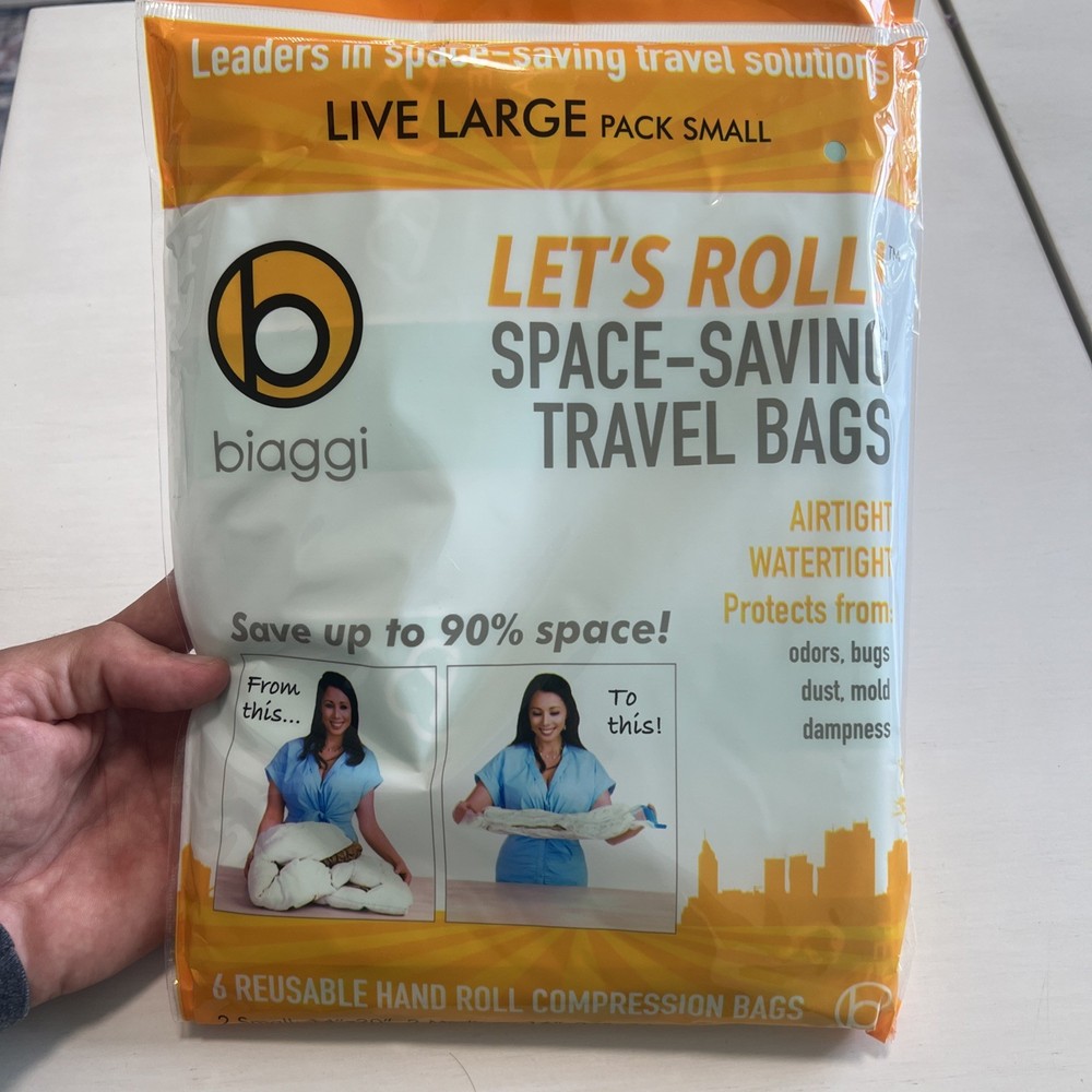 Biaggi Space-Saving Travel Bags 6 Reusable Hand Roll Compression Bags NEW