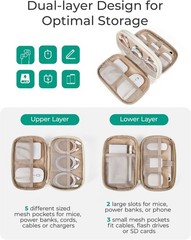 Beige Travel Cable Organizer with 9 Compartments for Gadgets and Accessories