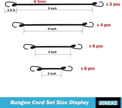Mini Bungee Cords with Hooks 2 inch 4 6 mixed sizes (18-Piece), Black