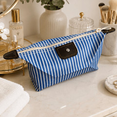 Blue & White Striped Canvas Zippered Pouch Travel Organizer Bag, Toiletries Case