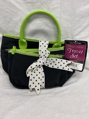 Mini 3 Piece Travel Tote Set Black W/ Green Trim & Handle Zip Close NWT