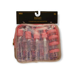 NEW BADGLEY MISCHKA PINK 9 PIECE TRAVEL BOTTLE MAKEUP COSMETIC BAG AIRLINE KIT