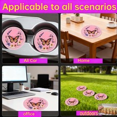 2 Pack Butterfly & Wildflower Car Coasters, 2.75&Prime; Absorbent Silicone Cup Pink