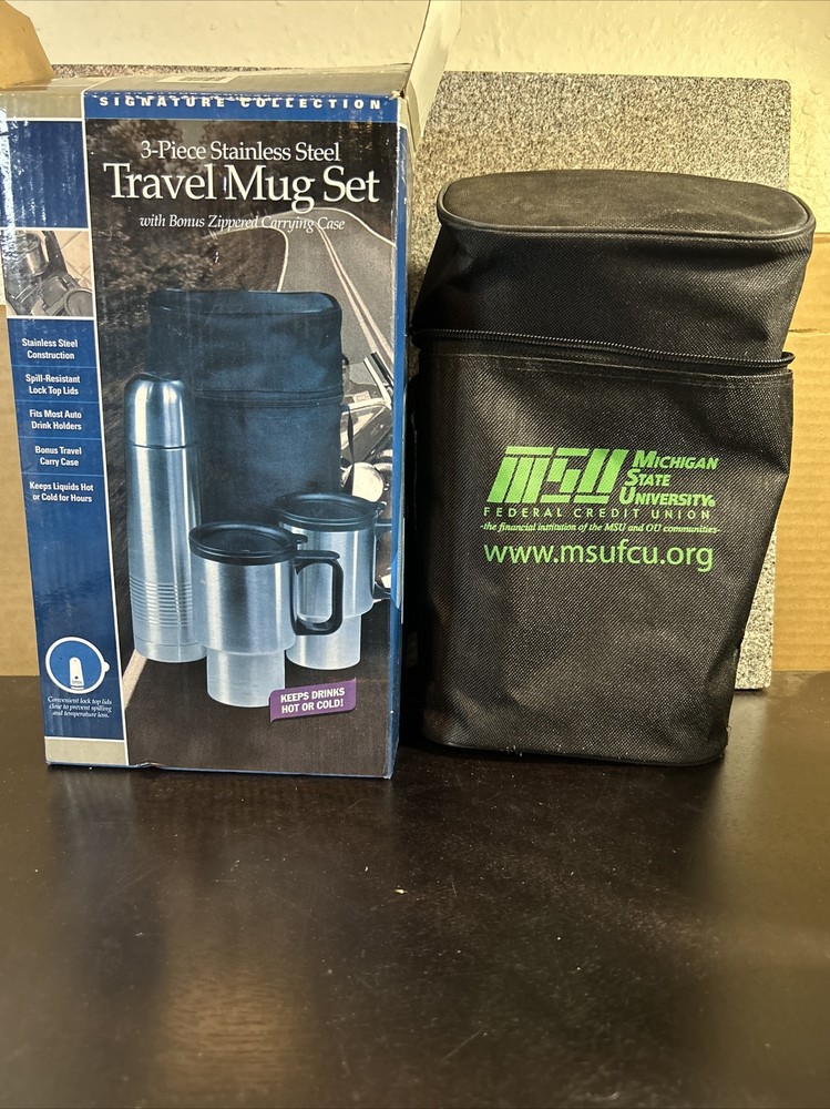 Travel Thermos and Mug Set 6 Piece Plus MSUFCU Case Stainless Steel Hot/Cold NIB