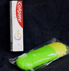 NEW IN PKG. RIGID VINYL TOOTHBRUSH HOLDER + TUBE CREST TOTAL TOOTHPASTE IN BOX