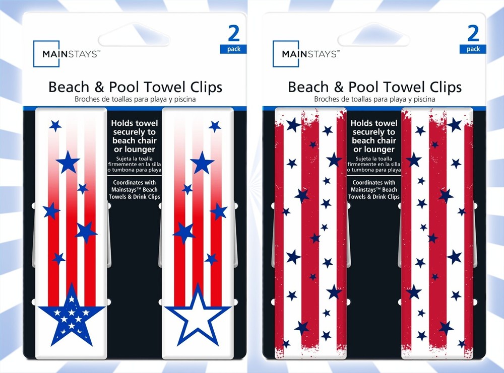 2 Pairs of Sunlounger Towel Clips American Flag Stars & Stripes Shooting Stars