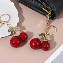 For Cherry Women&rsquo;s Keychain with Crystals, Ring and Clip Gold-Red