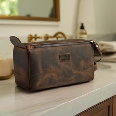 Genuine Leather Travel Toiletry Bag – Water-Resistant Dopp Kit, Rustic Brown