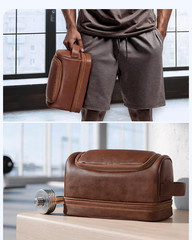 Toiletry Bag for Mens PU Leather Travel Organizer Kit with Hanging Hook, Large W