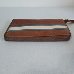 American Leather Co Brown Zip-Around Travel Jewelry Organizer Blue &Beige Stripe