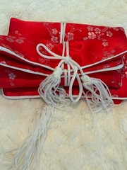 2 Red Satin Travel Jewelry Roll Pouch Zippered Sections NEW Cherry Blossom print