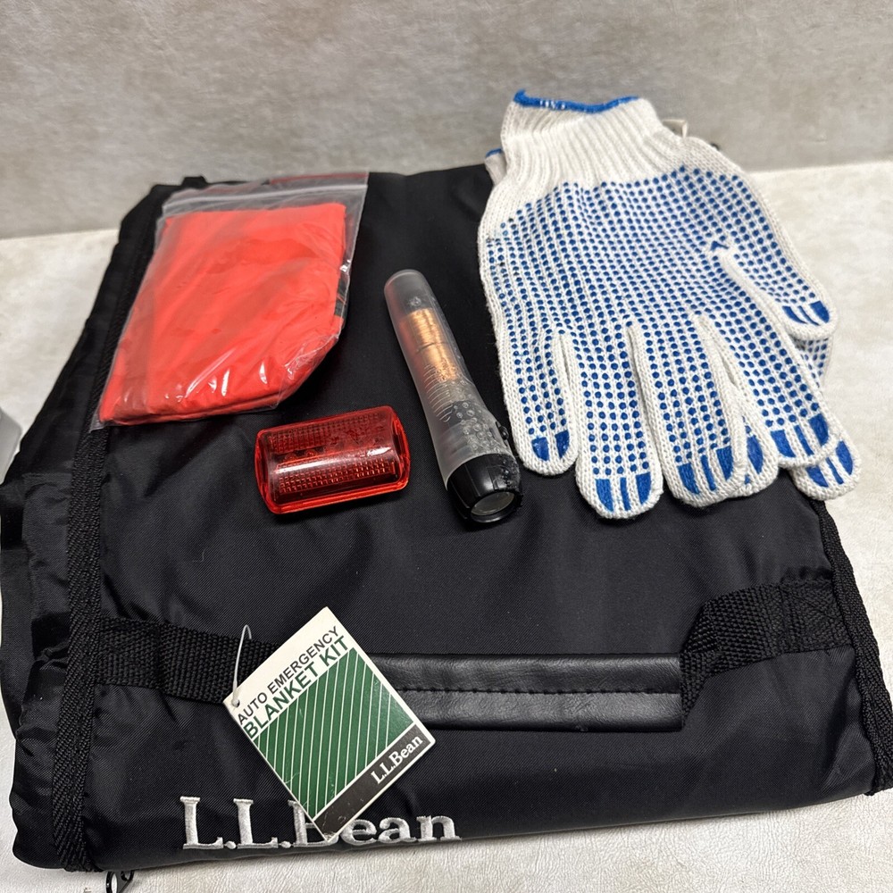 LL Bean Auto Safety Kit w/ Blanket Gloves Shake Flashlight Vest Flashing Light