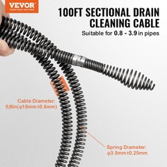 Drain Cleaning Cable 100 FT x 5/8 Inch, Professional Sectional Drain Cleaner Cab