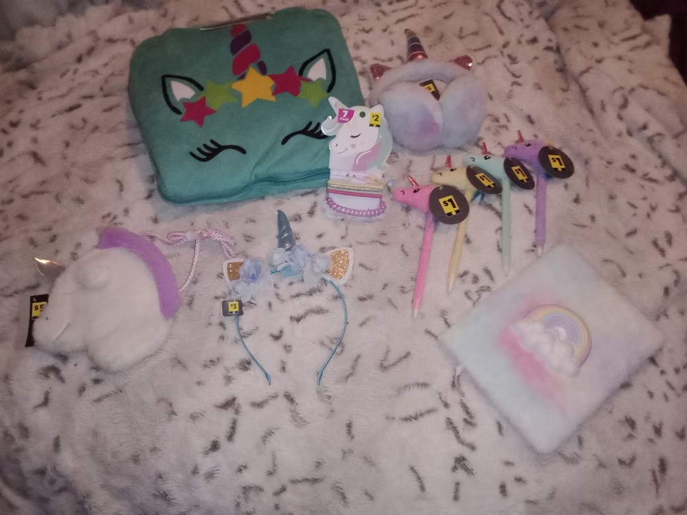 Unicorn Lot Travel Pillow/Blanket Journal Pens Plush Mini Purse Headband Earmuff