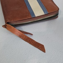 American Leather Co Brown Zip-Around Travel Jewelry Organizer Blue &Beige Stripe