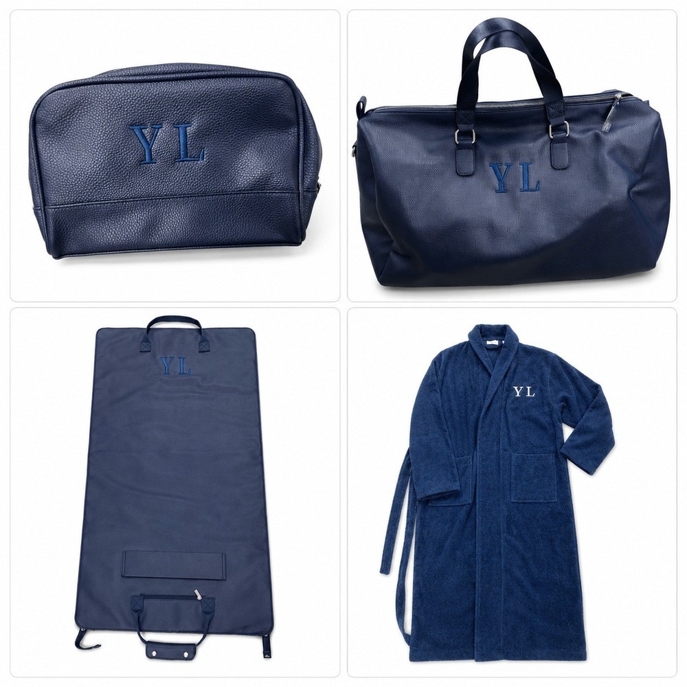 New Navy Blue YL Initials Monogram Travel Luggage Set Duffel Garment Robe 4 Pc
