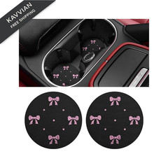 KHGUZ Bling Car Coasters, 2PCS Rhinestone Bow Anti-Slip Vehicle Cup Pink