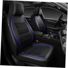 Universal FIT Piping Leather Two Front Seat Covers, Waterproof Faux Black Blue