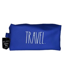 NWT Rae Dunn “ TRAVEL ” Blue Toiletry Cosmetic Bag With Zipper & Handle