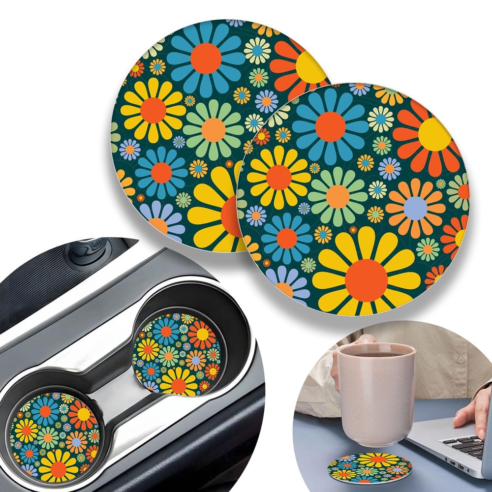 2 Pack Hippie Daisy Flower Car Coasters,2.75 Inch Cup One Size,