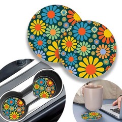 2 Pack Hippie Daisy Flower Car Coasters,2.75 Inch Cup One Size,