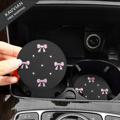KHGUZ Bling Car Coasters, 2PCS Rhinestone Bow Anti-Slip Vehicle Cup Pink