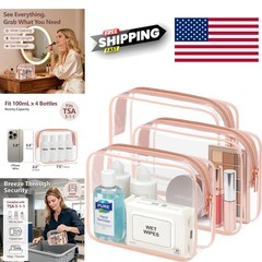 3 Pack TSA Approved Toiletry Bags Medium Size Lightweight Rose Pink Cosmetic Set