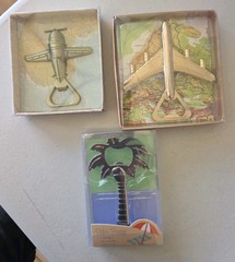 Brass Bottle Cap Opener Bomber Plane And Gold Airplane & Palm Tree 3×3 Inch