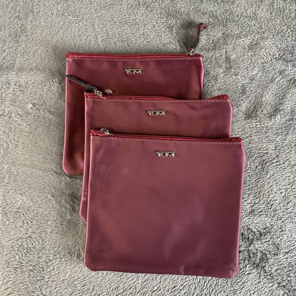 TUMI for Delta Plum Burgundy ZIP Pouch Soft Travel Case Toiletries Lot Of 3 Read