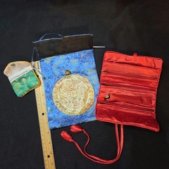 Asian Inspired Brocade Zippered Jewelry Roll Pouch Purse Set 3pc Travel Vintage