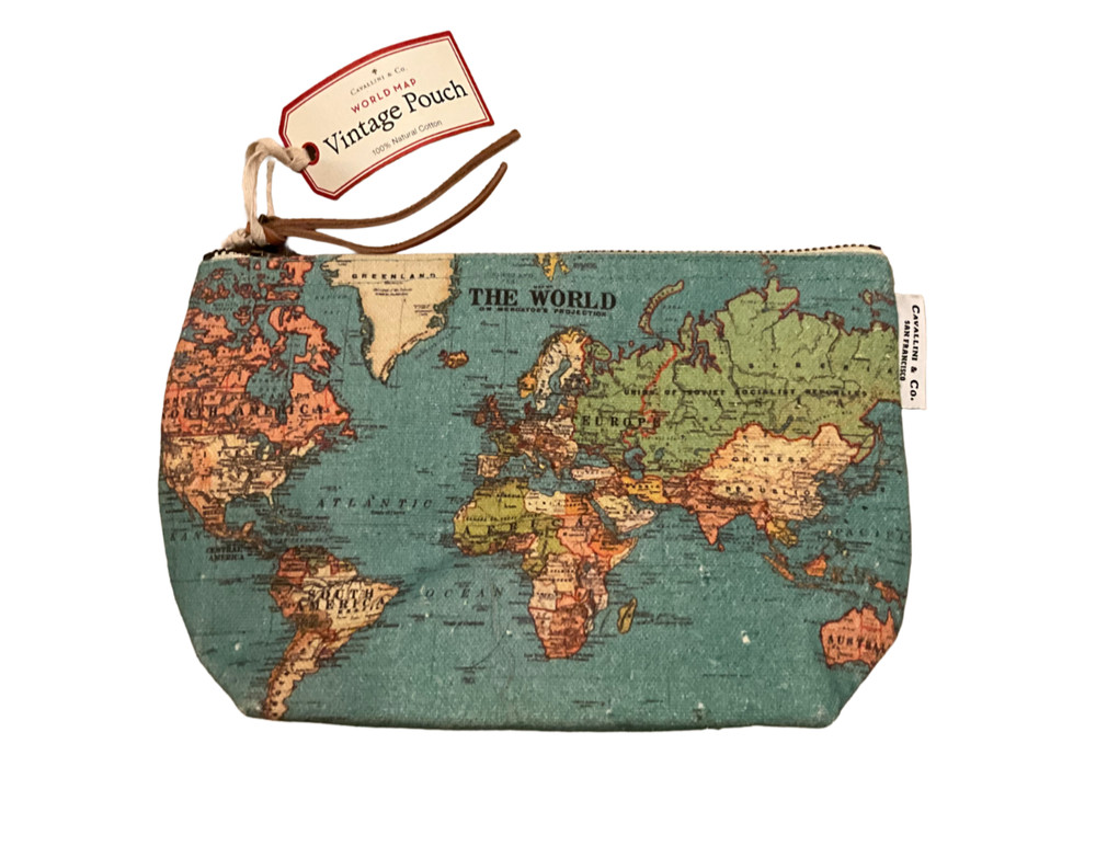 Cavallini & Co. World Map Vintage Pouch — 100% Cotton, Leather Pull, Lined (New)