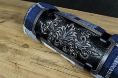 Handmade Leather Motorcycle Blanket Roll / Custom Carved Bedroll Straps