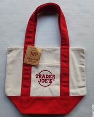 One (1) Trader Joe&rsquo;s Mini Canvas Tote Bag – Creamy Off White and Red